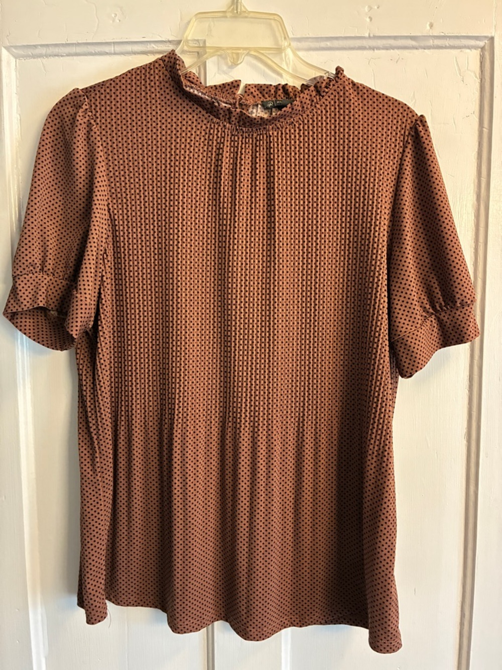 Adrianna Papell Rust Dot Smocked Ruffle Neck Blouse